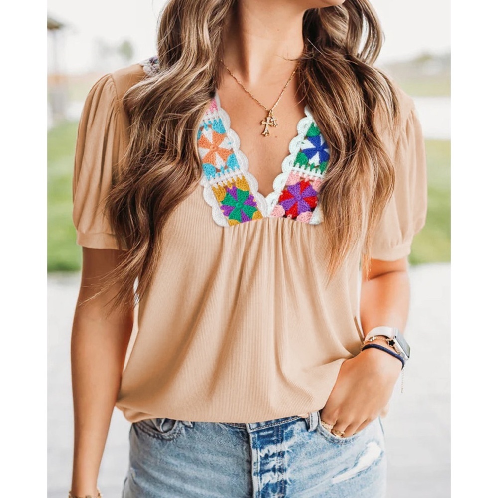 Lovely Melody Pale Chestnut Crochet Floral V Neck Textured Short Sleeve Blouse